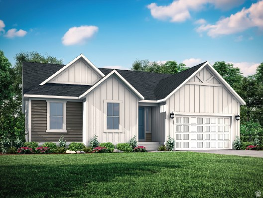 Contemporary farmhouse-style exterior featuring vertical white siding and horizontal brown siding accents