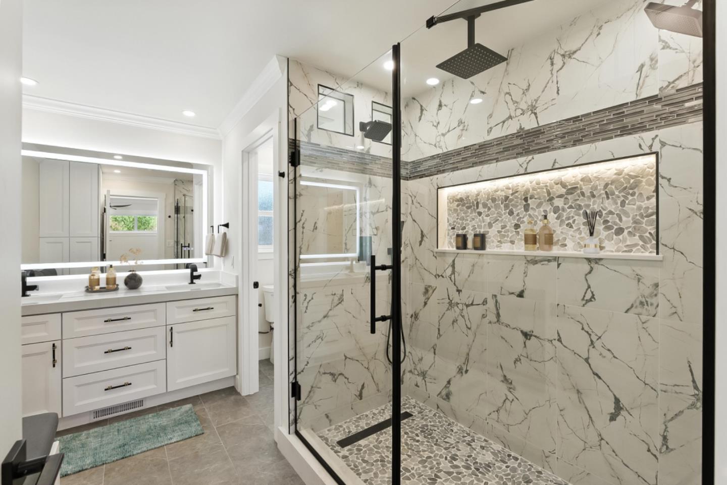5701 Lewis Way Concord, CA 94521 - Photo 20 of 54 a bathroom with a granite countertop sink mirror and shower