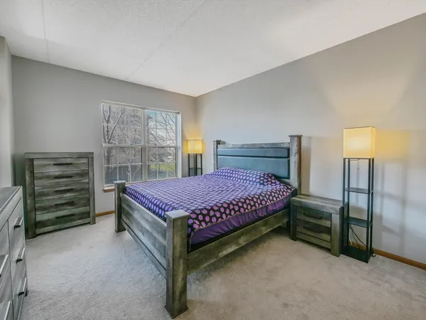 a bedroom with a bed and a cabinets