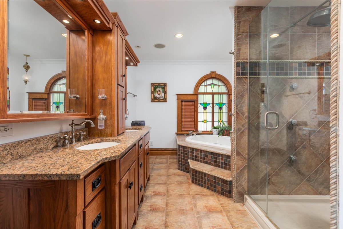 23 Columbia Street Naperville, IL 60540 - Photo 47 of 94 a bathroom with a granite countertop sink a vanity and a shower