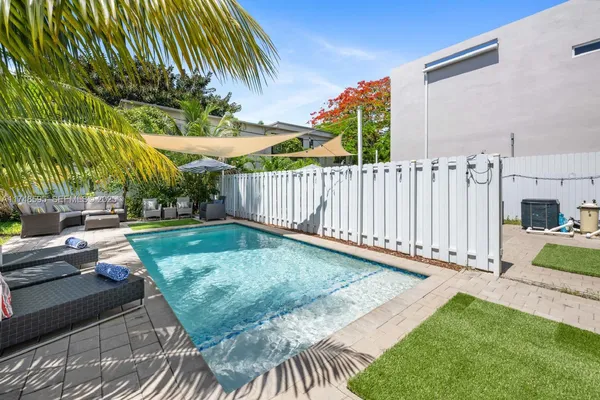 a backyard of a house with table and chairs