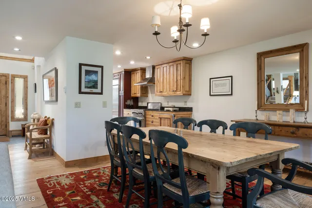 a view of a dining room with furniture