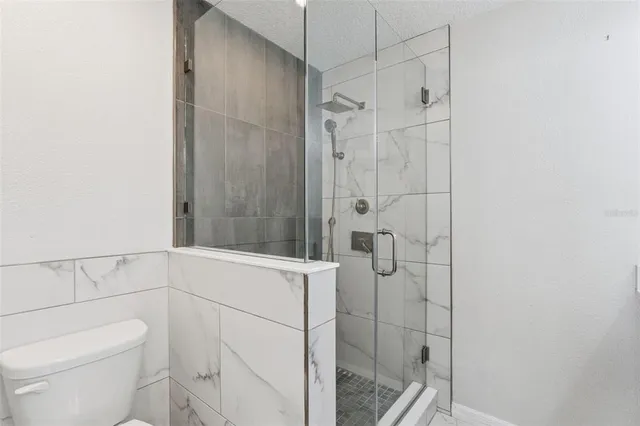 a bathroom with a shower and toilet
