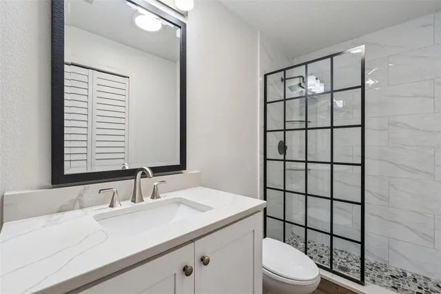 a bathroom with a sink toilet vanity and shower