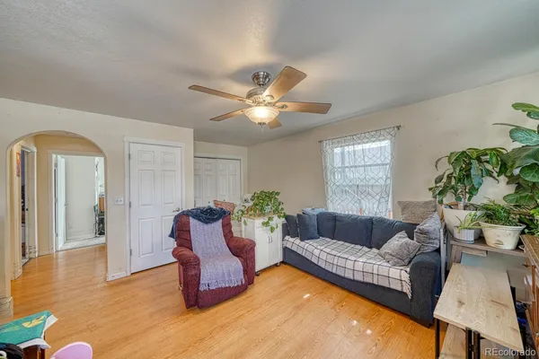 a living room with furniture flowerpot and wooden floor
