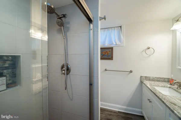 a bathroom with a shower and a sink