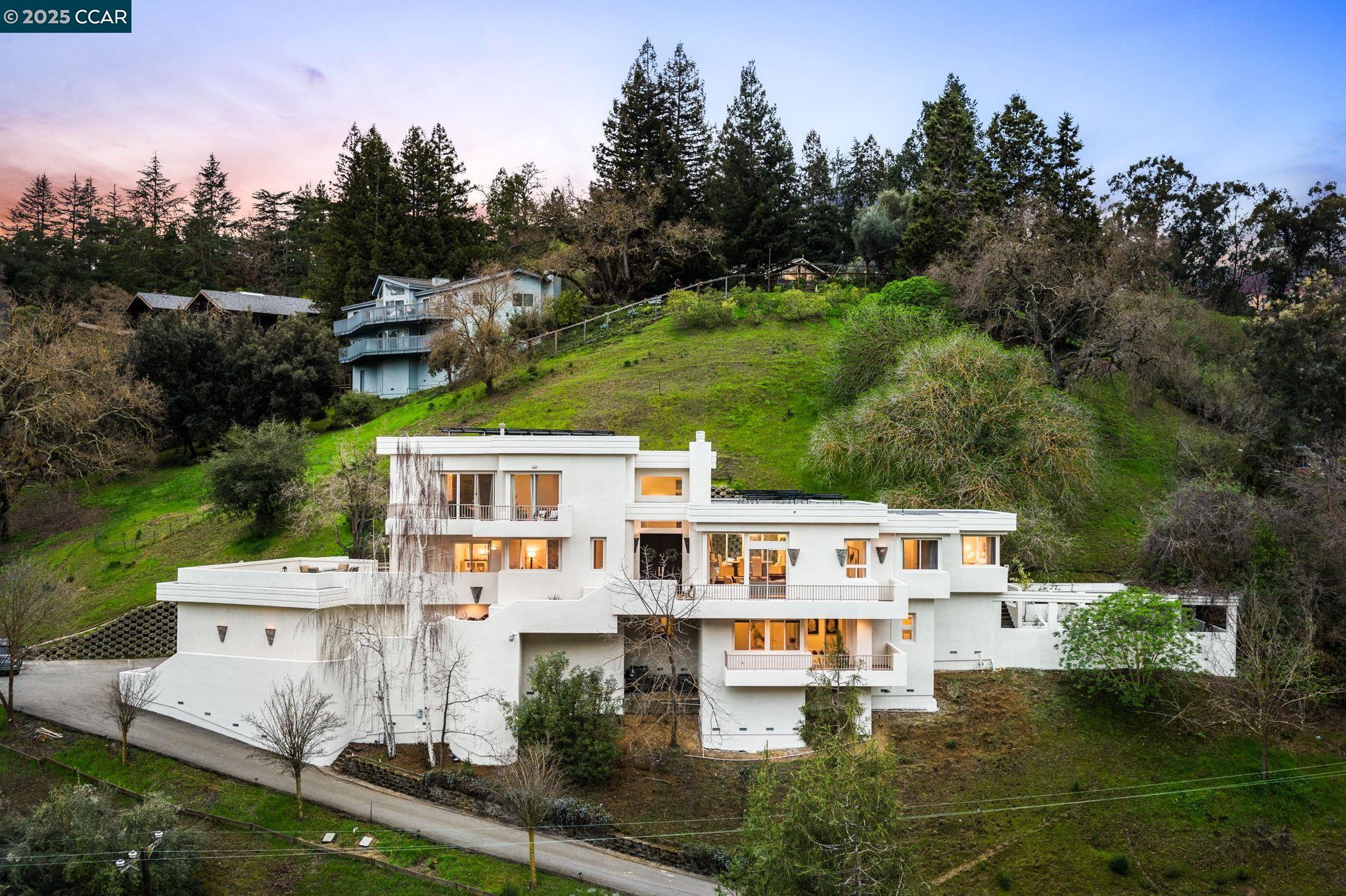 an aerial view of residential houses with outdoor space and trees
