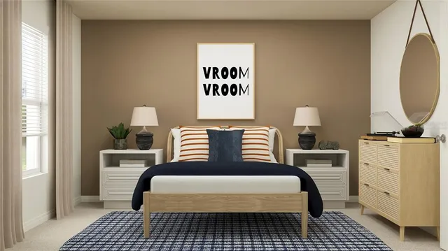a bedroom with a bed and a table with mirror