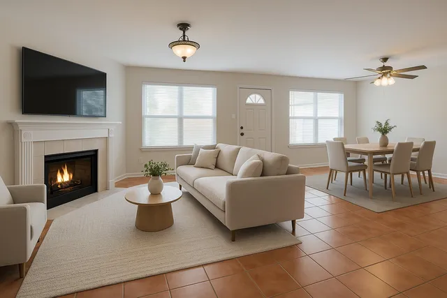 a living room with furniture a fireplace and a flat screen tv