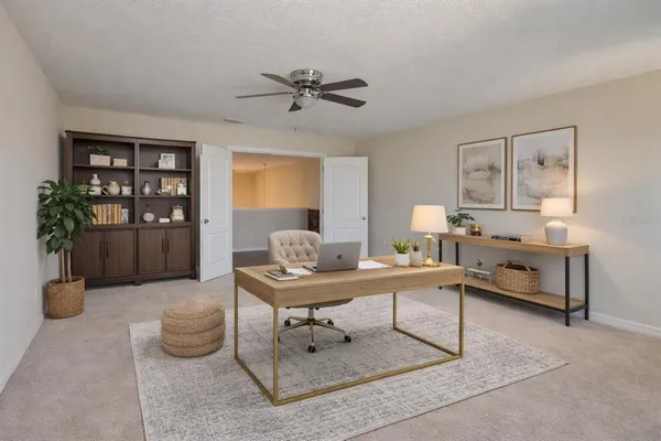a workspace with furniture