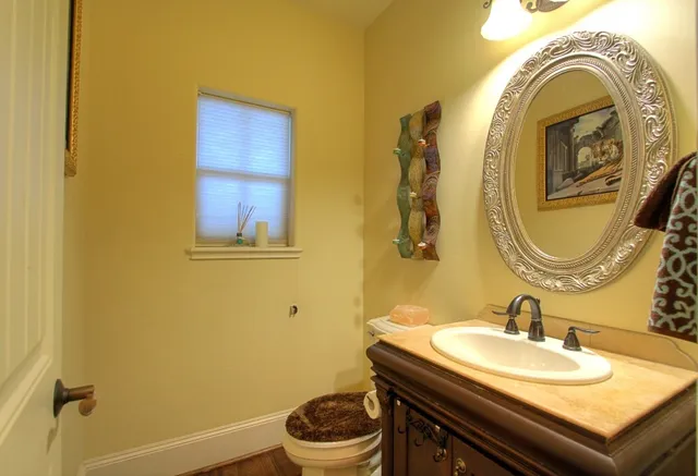 a bathroom with a sink a mirror and a toilet