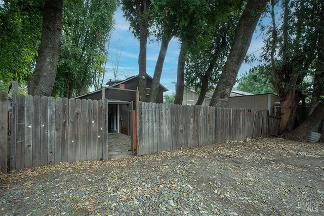 a view of a wooden fence next to a large tree