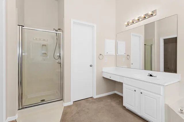 a bathroom with a shower sink and mirror