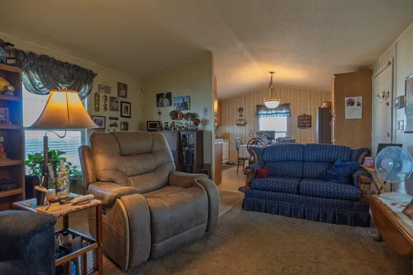 a living room with furniture a lamp and a window