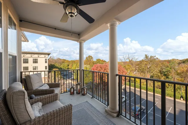 a garden view with a seating space
