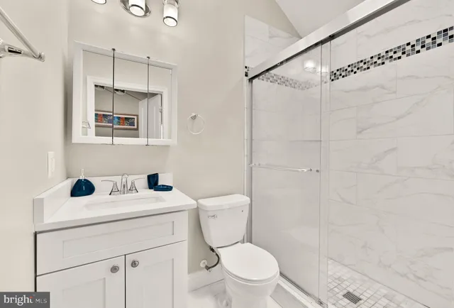 a bathroom with a sink toilet vanity and shower
