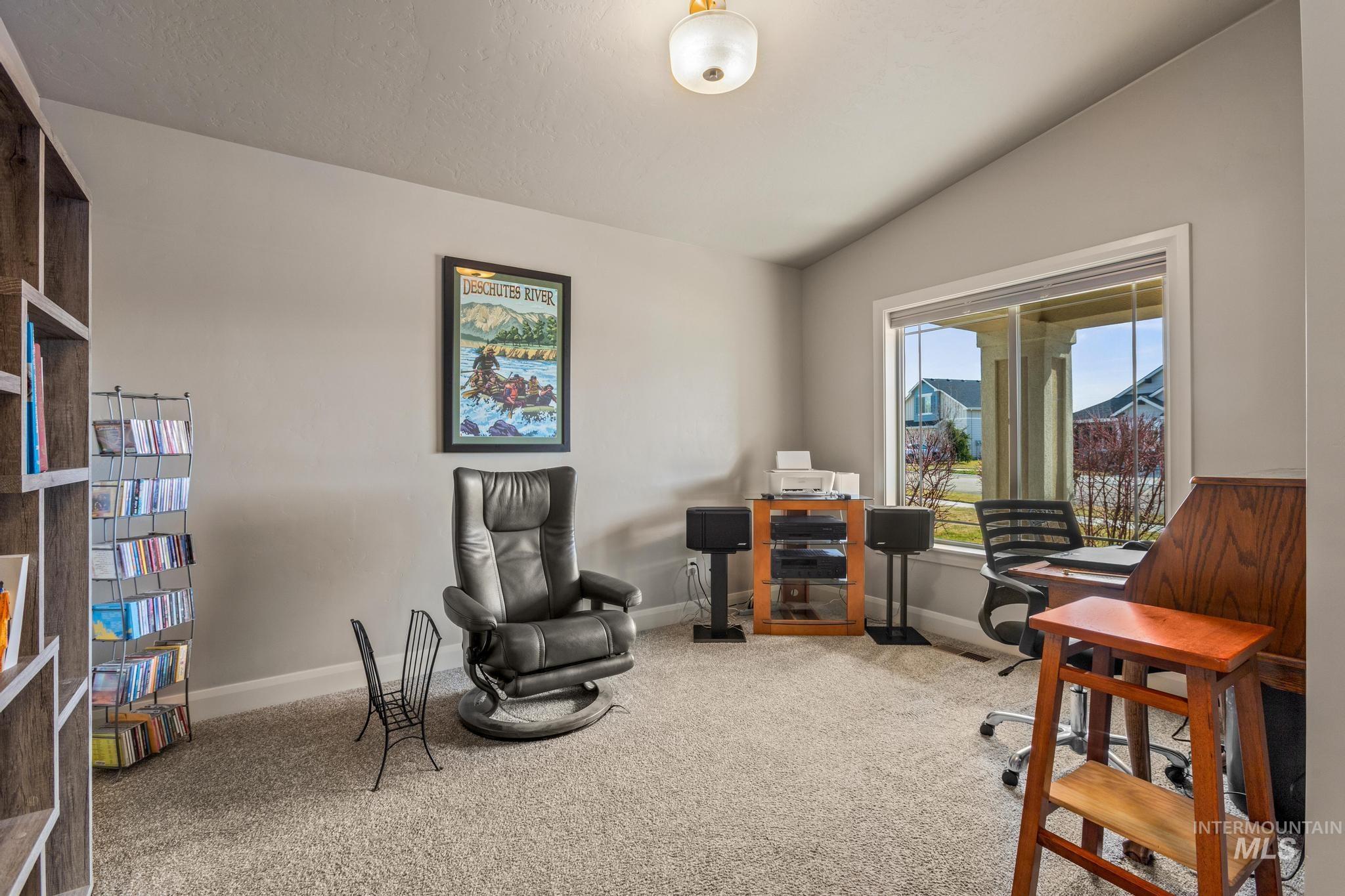 5832 West Rotherham Drive Eagle, ID 83616 - Photo 4 of 42 Office space featuring vaulted ceiling and carpet floors