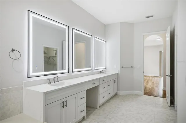 a bathroom with a sink and a mirror