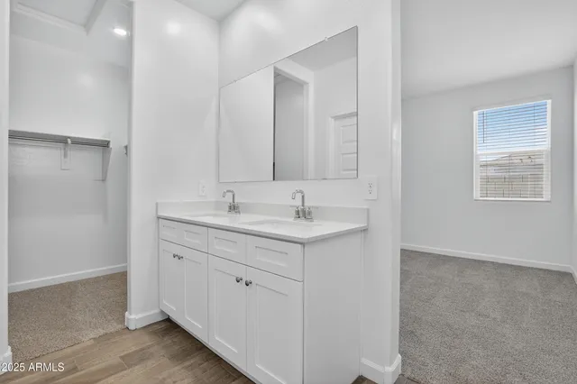 a bathroom with a double vanity sink and a mirror