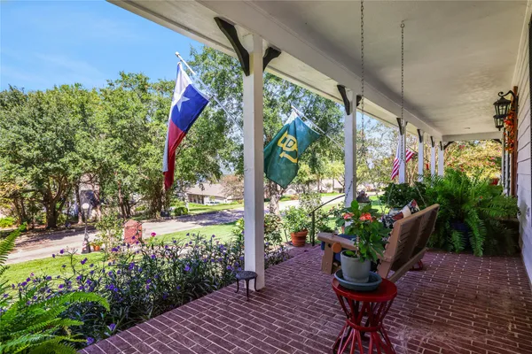 a garden view with a seating space