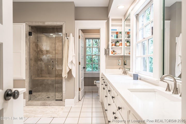 11102 Old Johns Road Laurinburg, NC 28352 - Photo 22 of 42 a bathroom with a granite countertop sink a toilet and shower