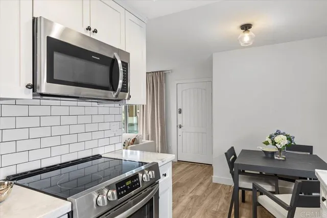 a kitchen with a stove and a microwave