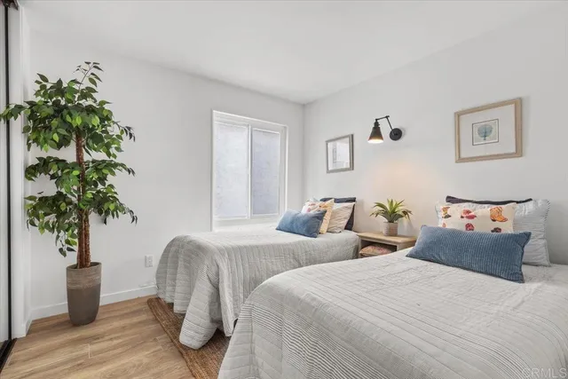 a bedroom with two large bed and a potted plant