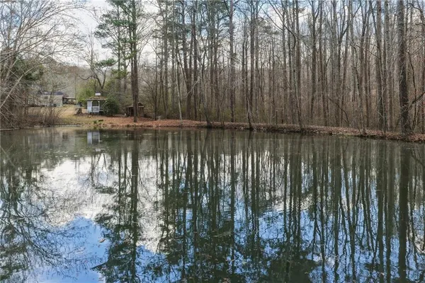 a view of a lake with trees in the background