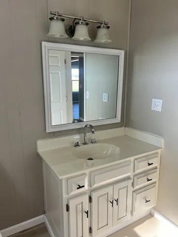 a bathroom with a sink and a mirror