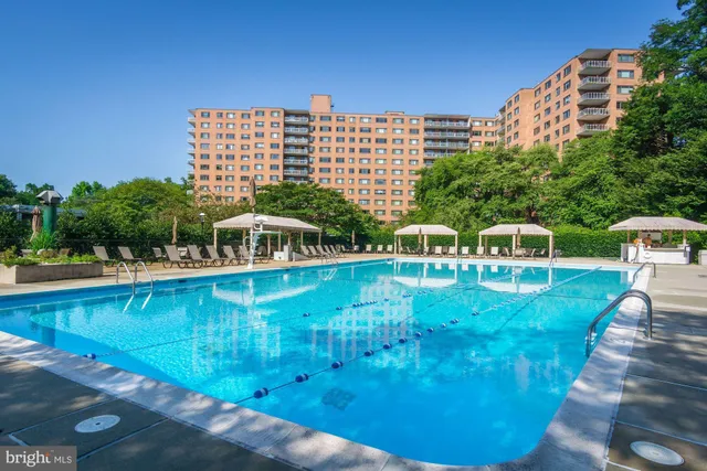 a view of a swimming pool with a garden