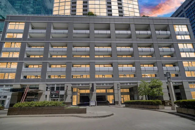 a view of a building and a street