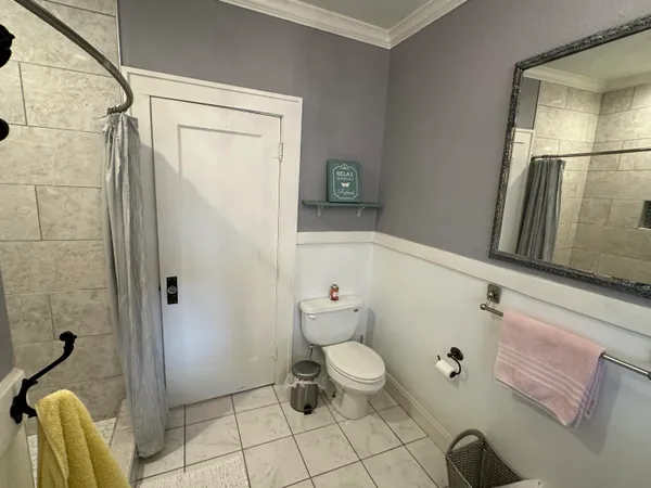 a bathroom with a toilet and a shower