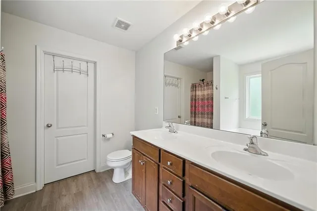 a bathroom with a sink a toilet and a large mirror