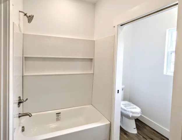 a bathroom with a toilet and a bathtub