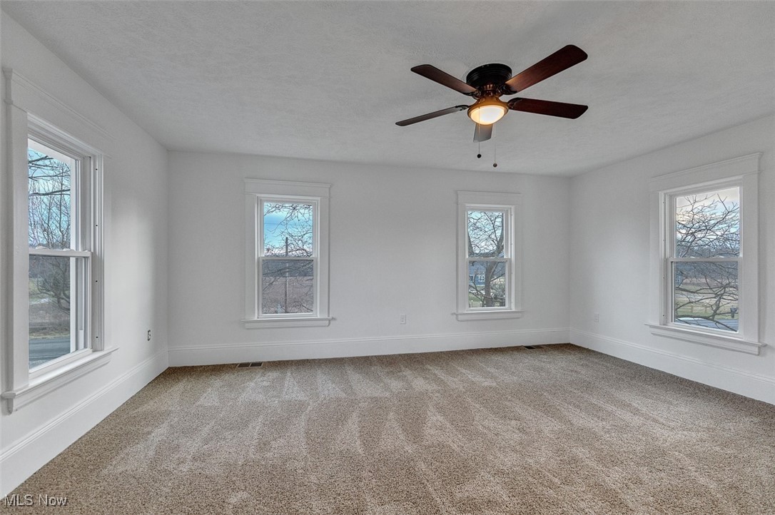 6517 Chippewa Road Medina, OH 44256 - Photo 38 of 45 Empty room featuring light colored carpet, a textured ceiling, and a ceiling fan