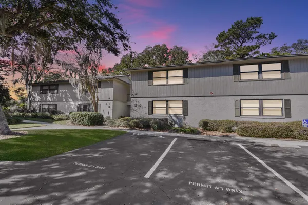 a view of a park and trees