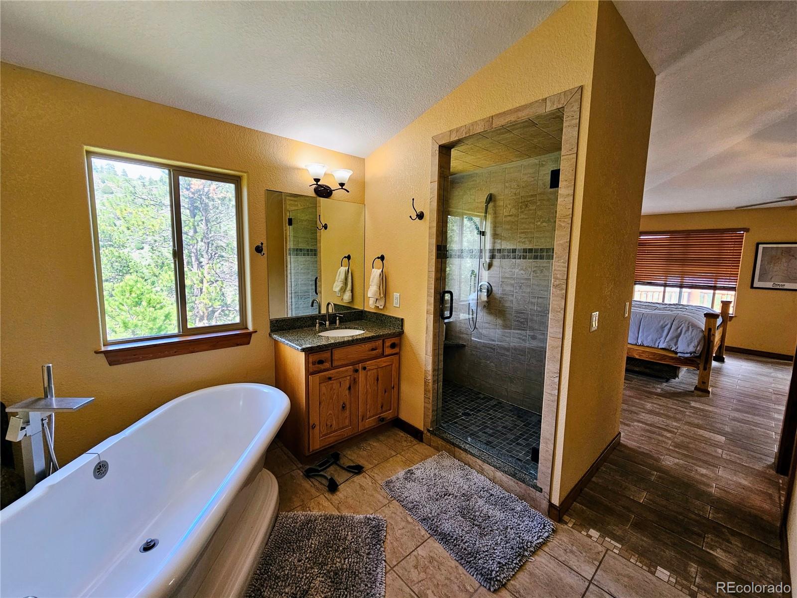 14514 Reserve Road Pine, CO 80470 - Photo 15 of 31 a bathroom with a tub a sink a mirror and a shower