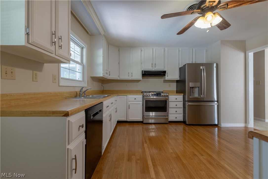 3963 Mark Road Cambridge, OH 43725 - Photo 9 of 50 Kitchen with ceiling fan, light wood-type flooring, exhaust hood, sink, and appliances with stainless steel finishes