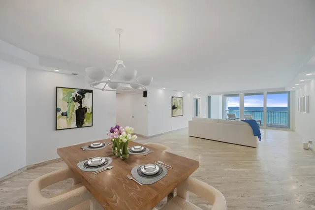 a view of a dining room with furniture