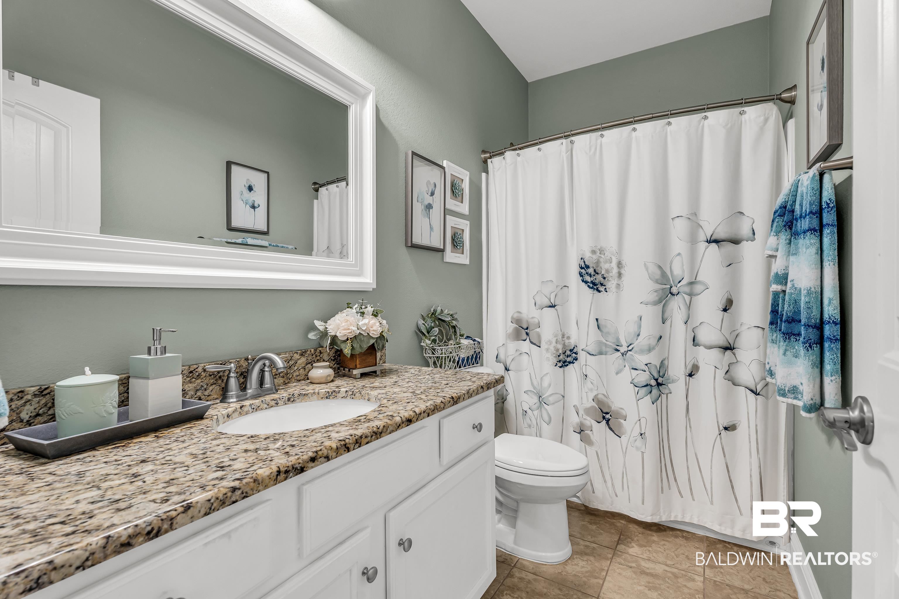 9675 Camberwell Drive Daphne, AL 36526 - Photo 8 of 34 Bathroom featuring vanity, tile patterned flooring, and curtained shower