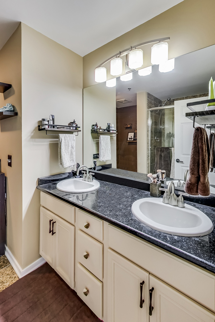 500 South Clinton Street, Unit 810 Chicago, IL 60607 - Photo 36 of 54 a bathroom with a granite countertop sink and a mirror