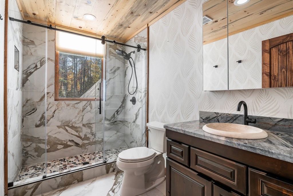 1248 Sunset Road Epworth, GA 30541 - Photo 39 of 65 a bathroom with a granite countertop sink a toilet and shower