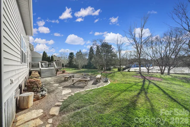a view of a park with large trees