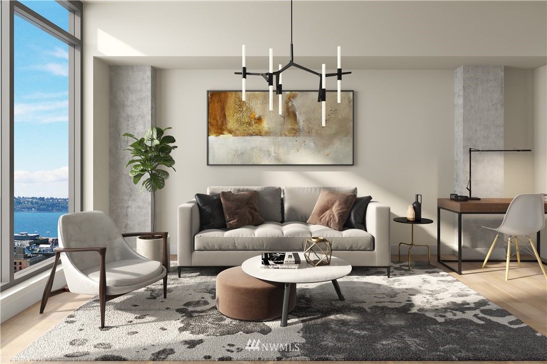 450 South Main Street, Unit 1702 Seattle, WA 98104 - Photo 13 of 20 a living room with furniture and a chandelier