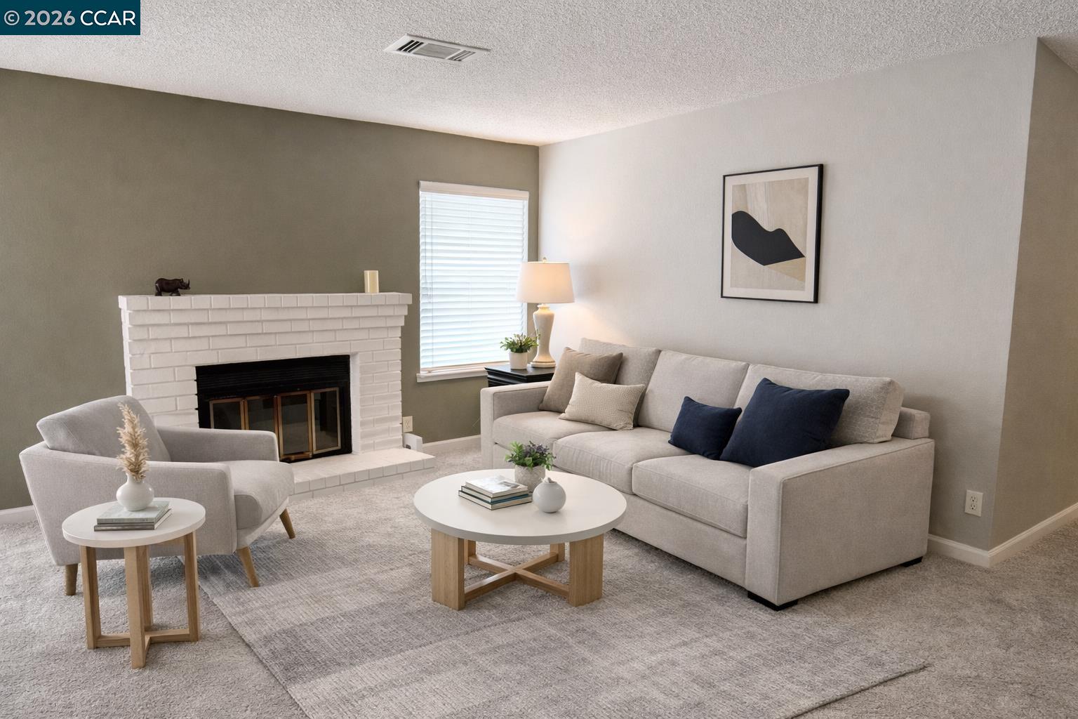 a living room with furniture a rug and a fireplace