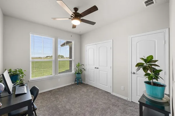 a living room with furniture and a potted plant
