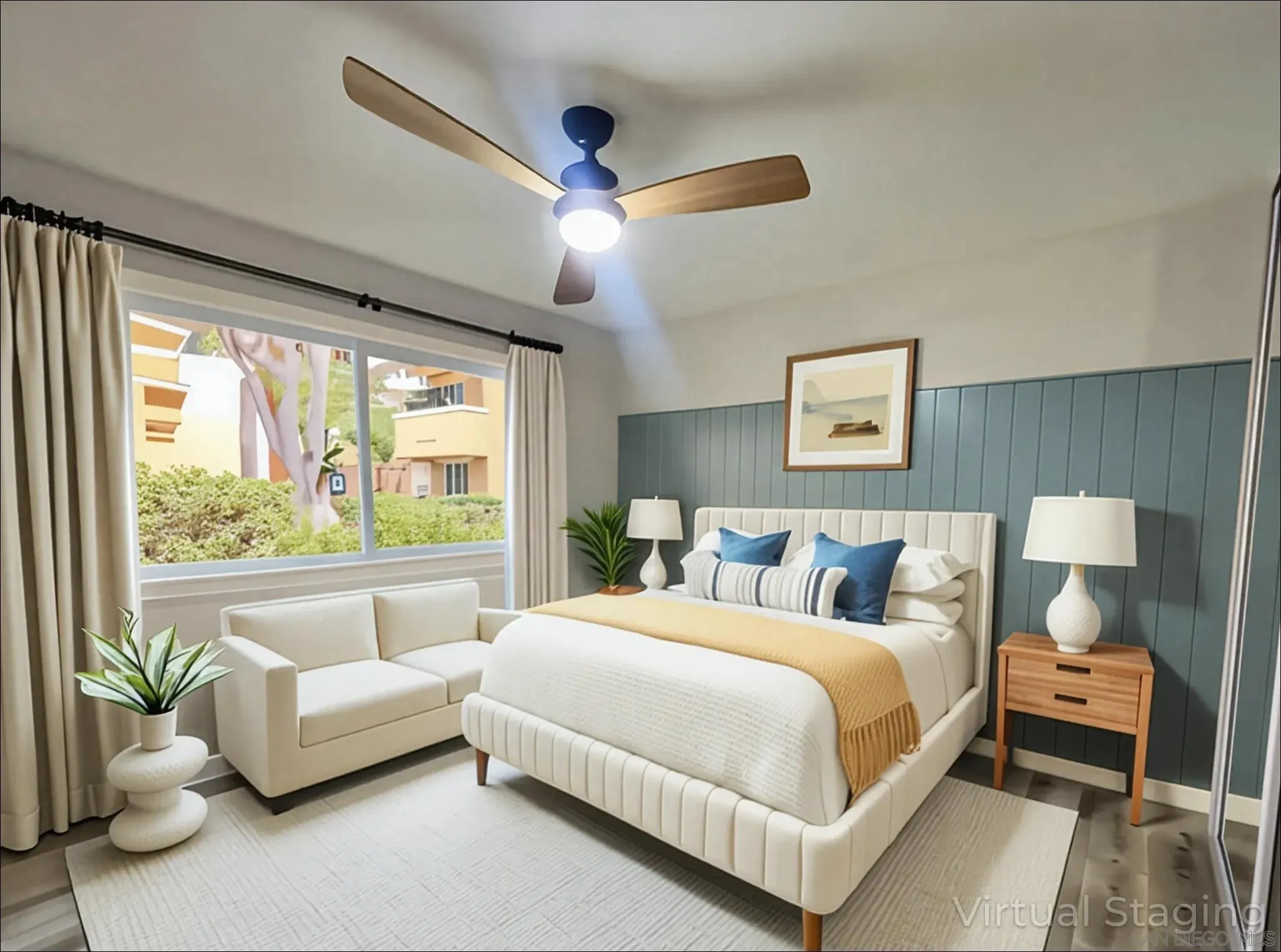 9929 Erma Road, Unit 102 San Diego, CA 92131 - Photo 3 of 14 a bedroom with a bed and a couch