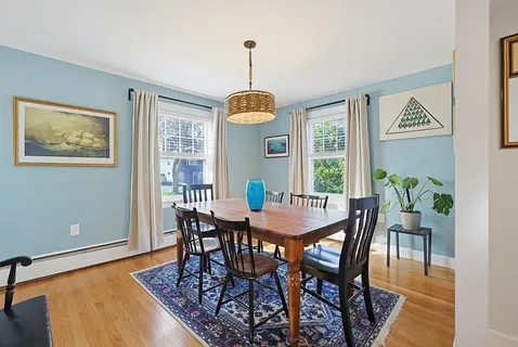a view of a dining room with furniture window and wooden floor