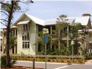 a view of a building with a ceiling fan