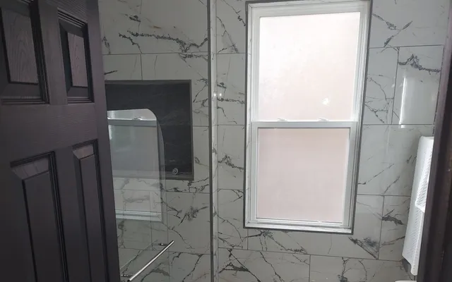 a bathroom with a shower and toilet